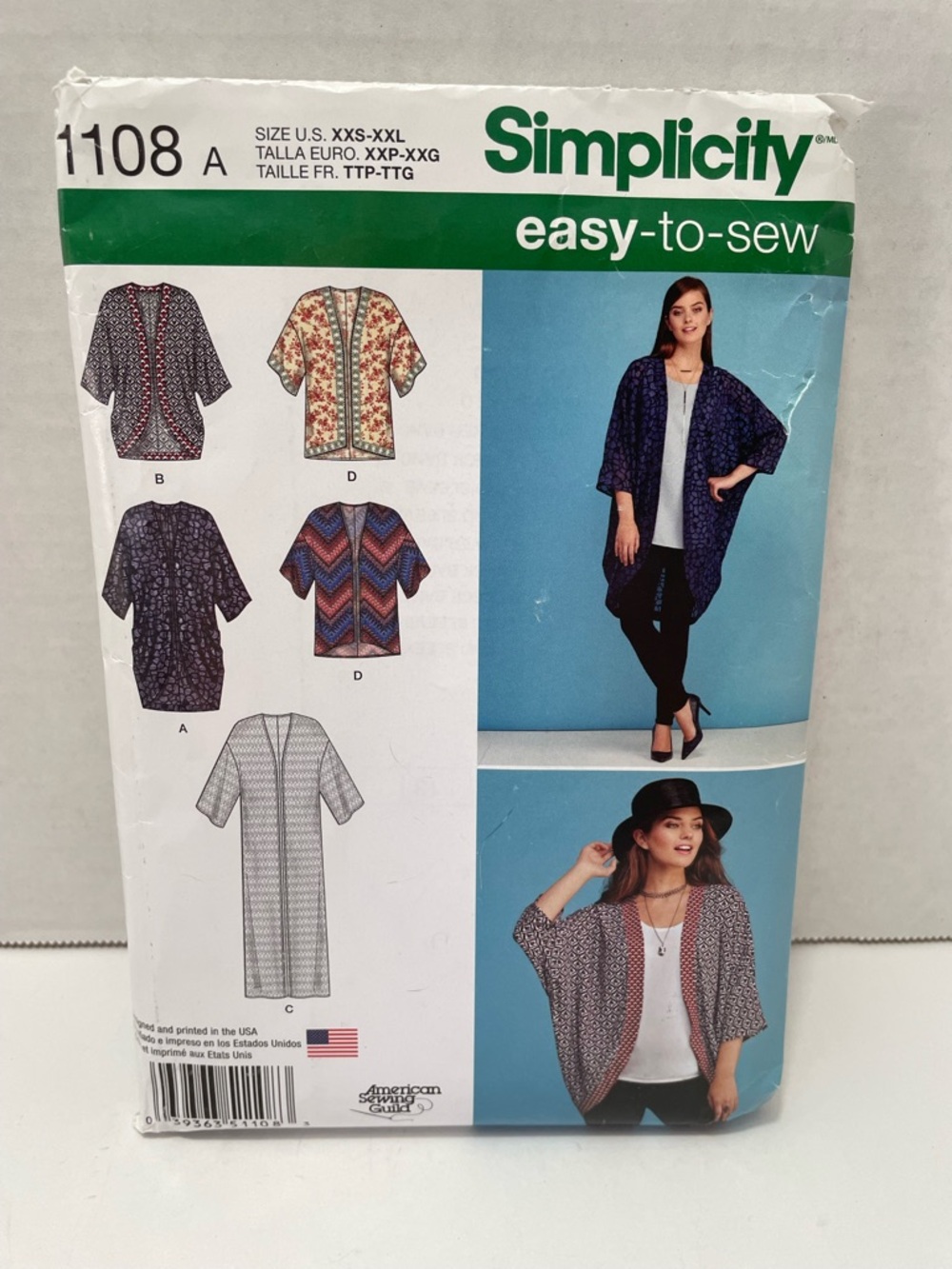 Simplicity Women's Kimono Cardigan Pattern, Sizes XXS-XXL 13 pieces, uncut